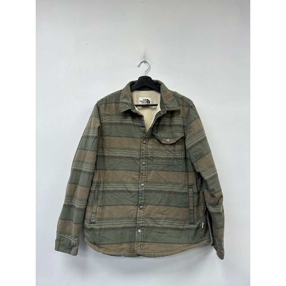 The North Face Jacket Mens Medium Green Striped Sherpa Lined Flannel Shacket